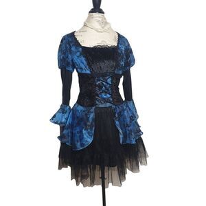 Womens Gothic Witch Blue & Black Lace Corset Dress Size S Halloween Costume NWT